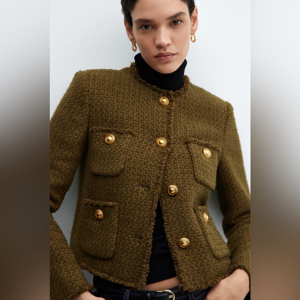 Mango Olive Tweed Blazer with Gold Buttons